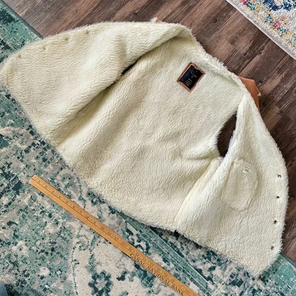 Vintage Caramel Brown Suede Leather Vest Cream Sherpa Lining Large Western - Picture 5 of 11